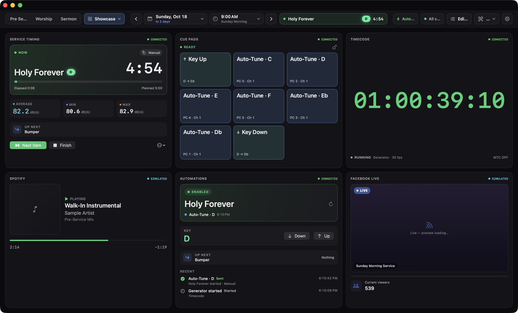 Production Deck dashboard with Service Timing, Cue Pads, Timecode, Spotify, Automations and Facebook Live modules.
