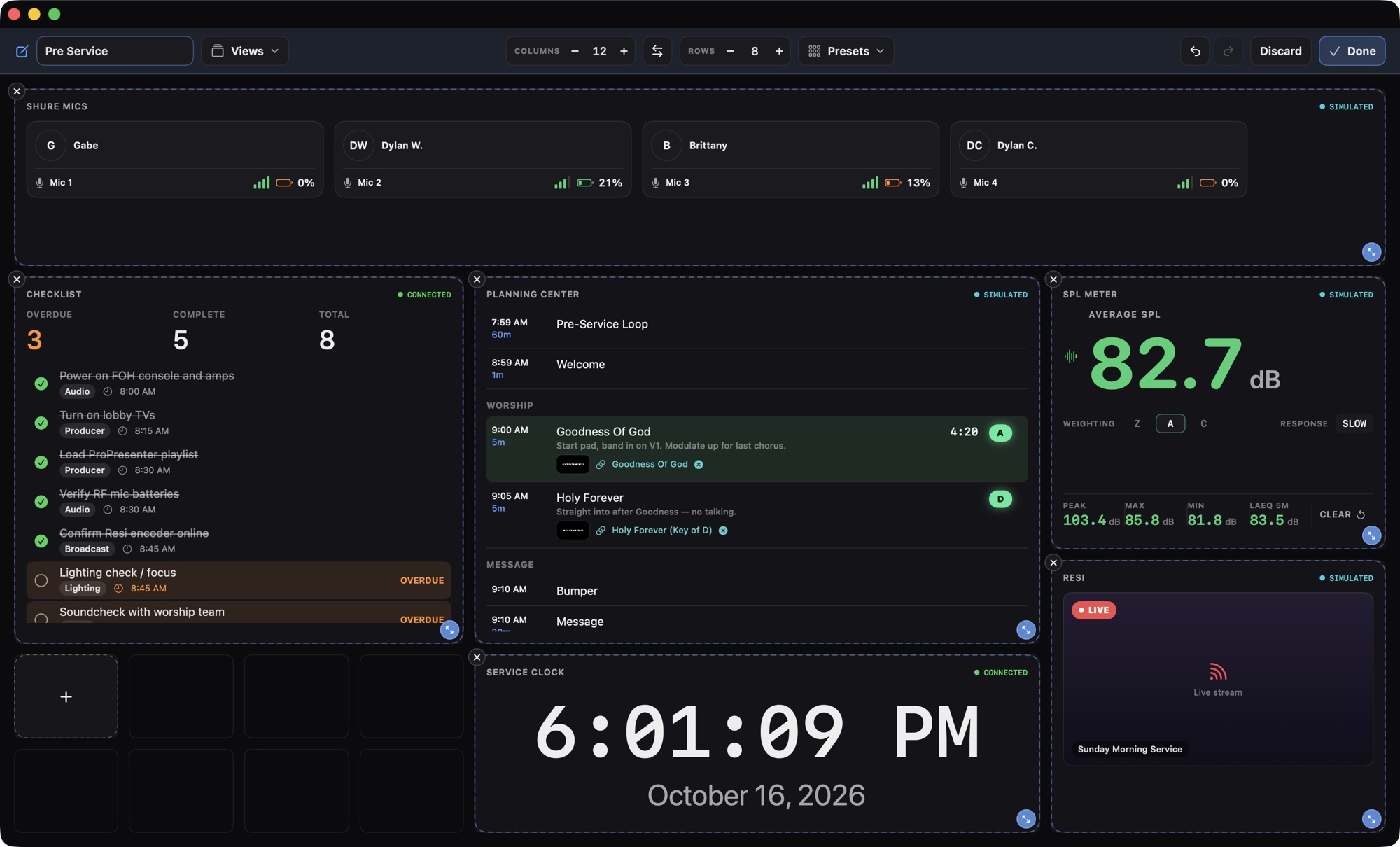 Production Deck in Edit Layout mode: the Pre Service view's modules outlined on a 12 by 8 grid, with an empty cell ready to add a module.