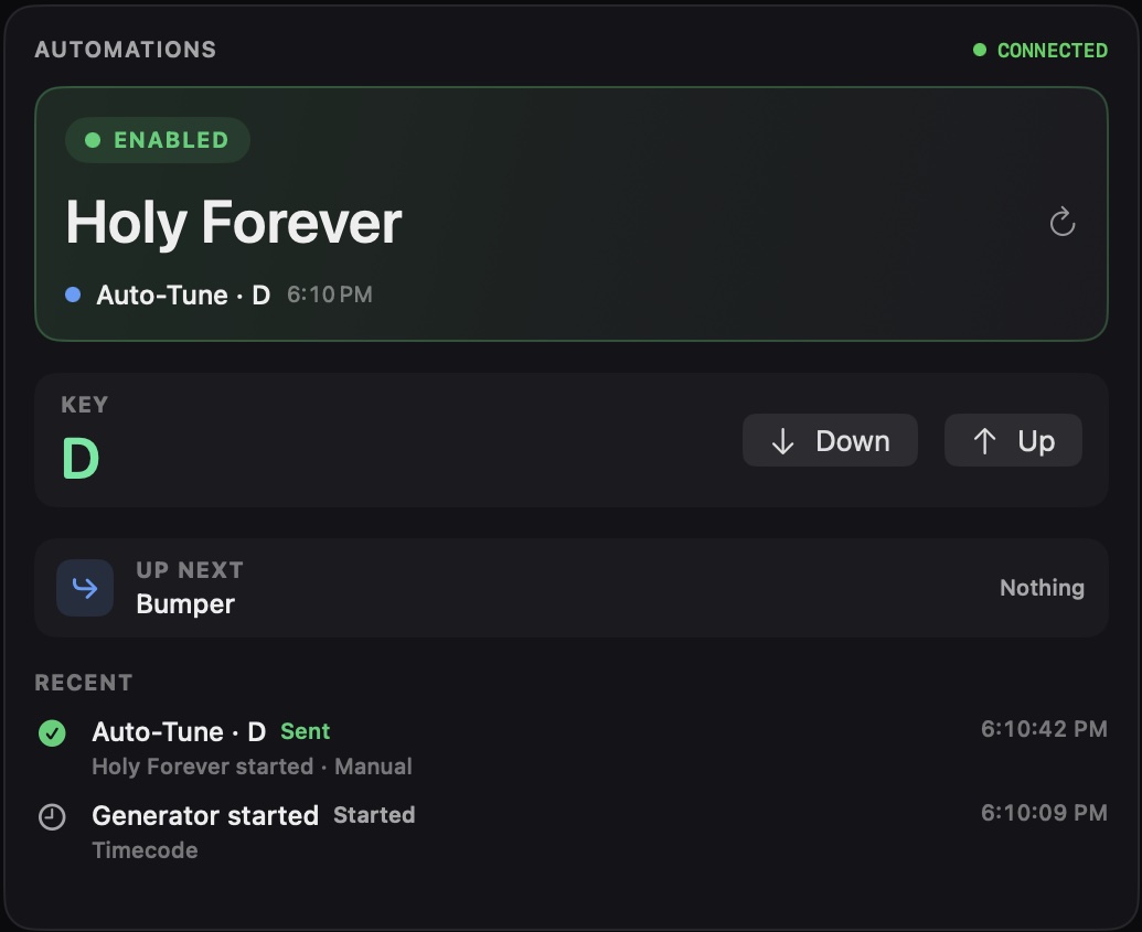 Automations module showing the current song Holy Forever, the cue Auto-Tune D that fired, and Key Up and Key Down buttons.