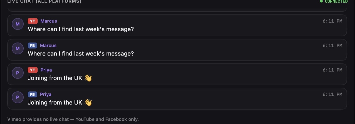 Merged live chat feed with messages badged YT and FB.
