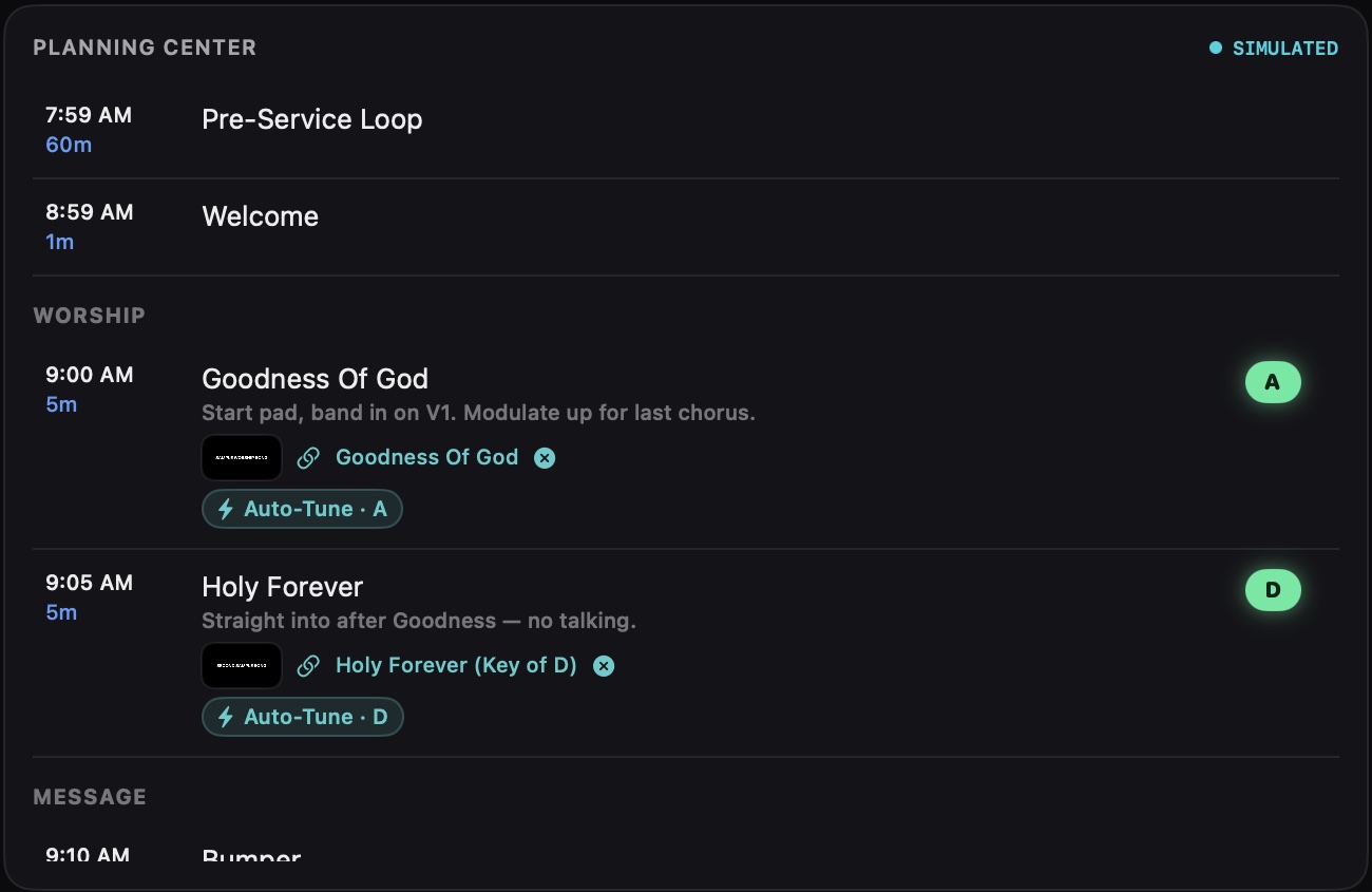 Planning Center module listing service items with times, notes and green song key badges.