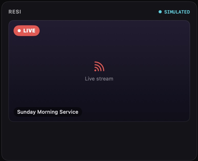 Resi module with a LIVE badge over the stream preview.