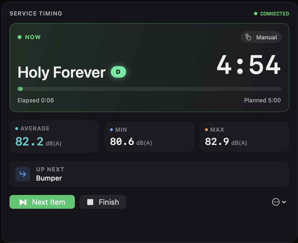 Service Timing module showing the current song, a 4:54 countdown and average, minimum and maximum loudness.