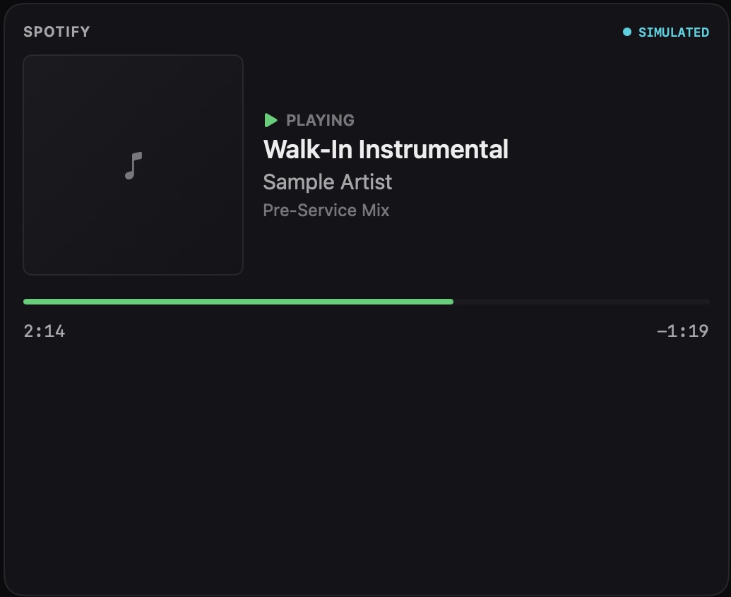 Spotify module playing a walk-in track.