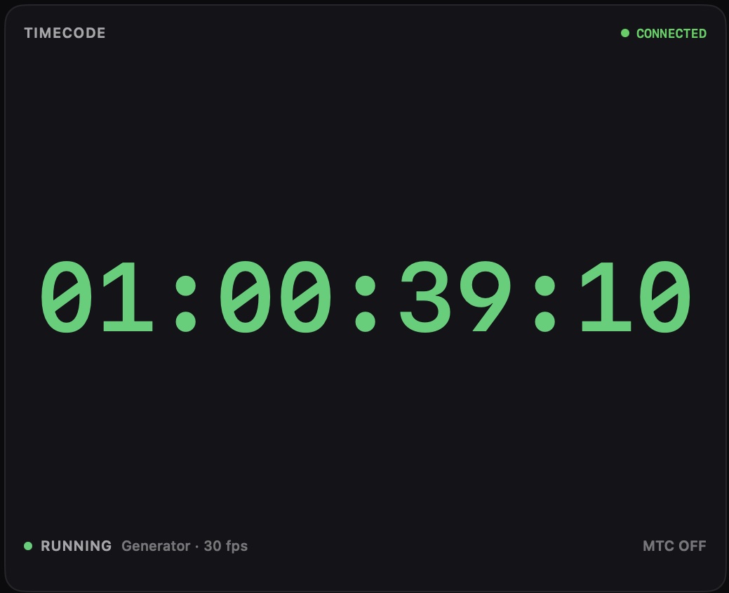Timecode module reading 01:00:39:10 in green.