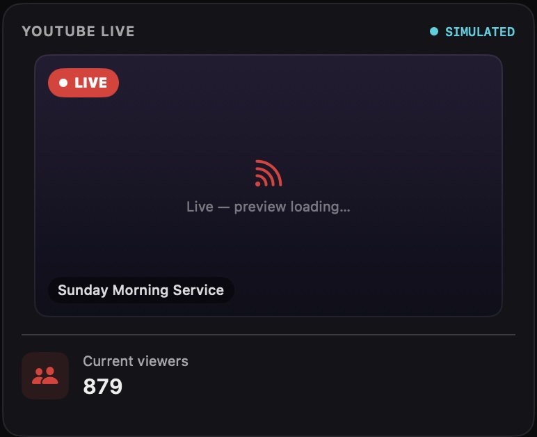 YouTube Live module with a stream preview and viewer count.