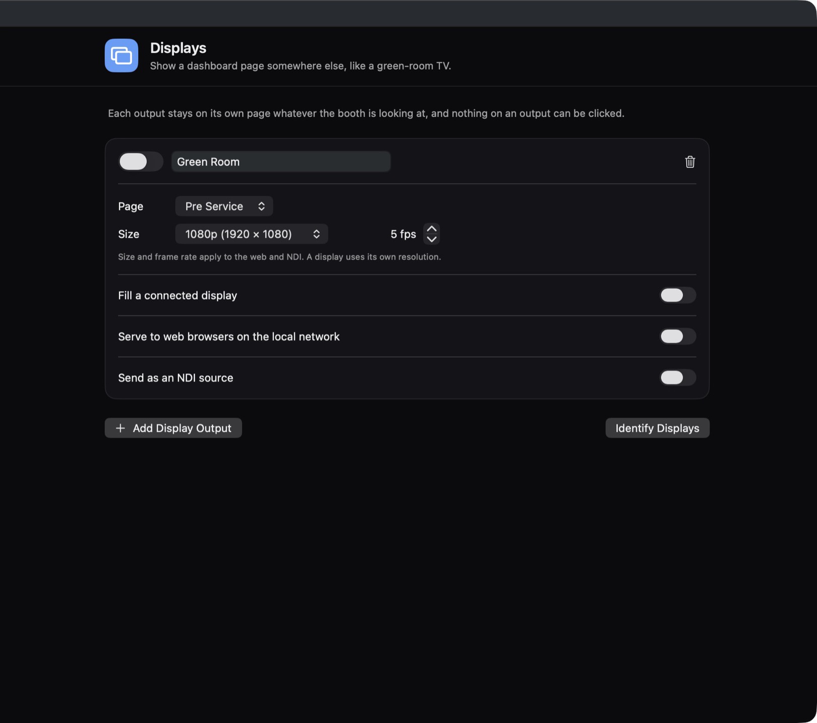 Display Outputs settings for a Green Room output: page, size, frame rate, and switches for a connected display, web browsers and NDI.