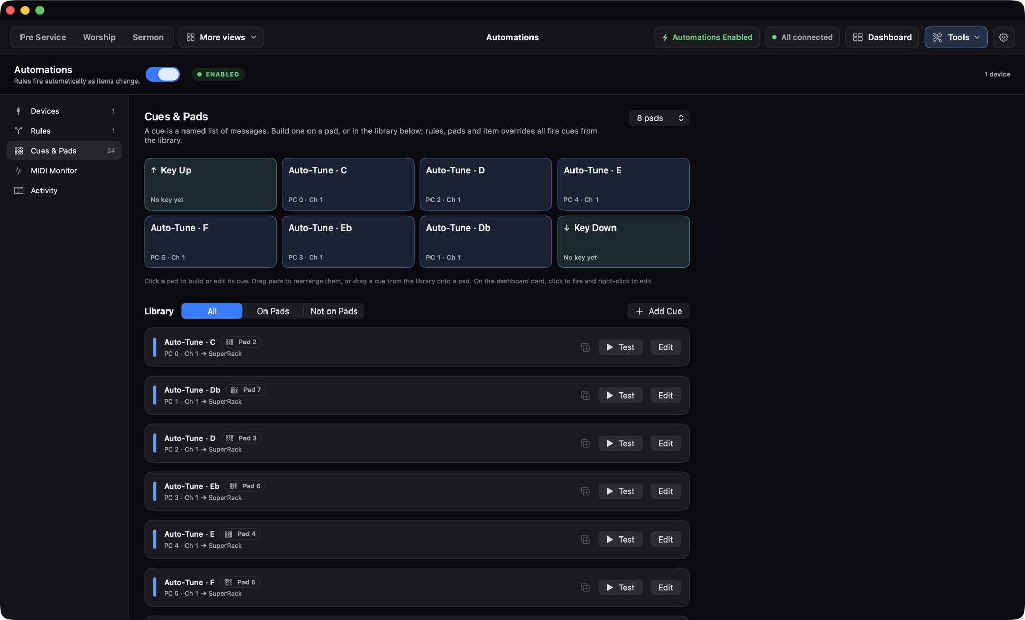 Automations tool showing the list of cues and pads.