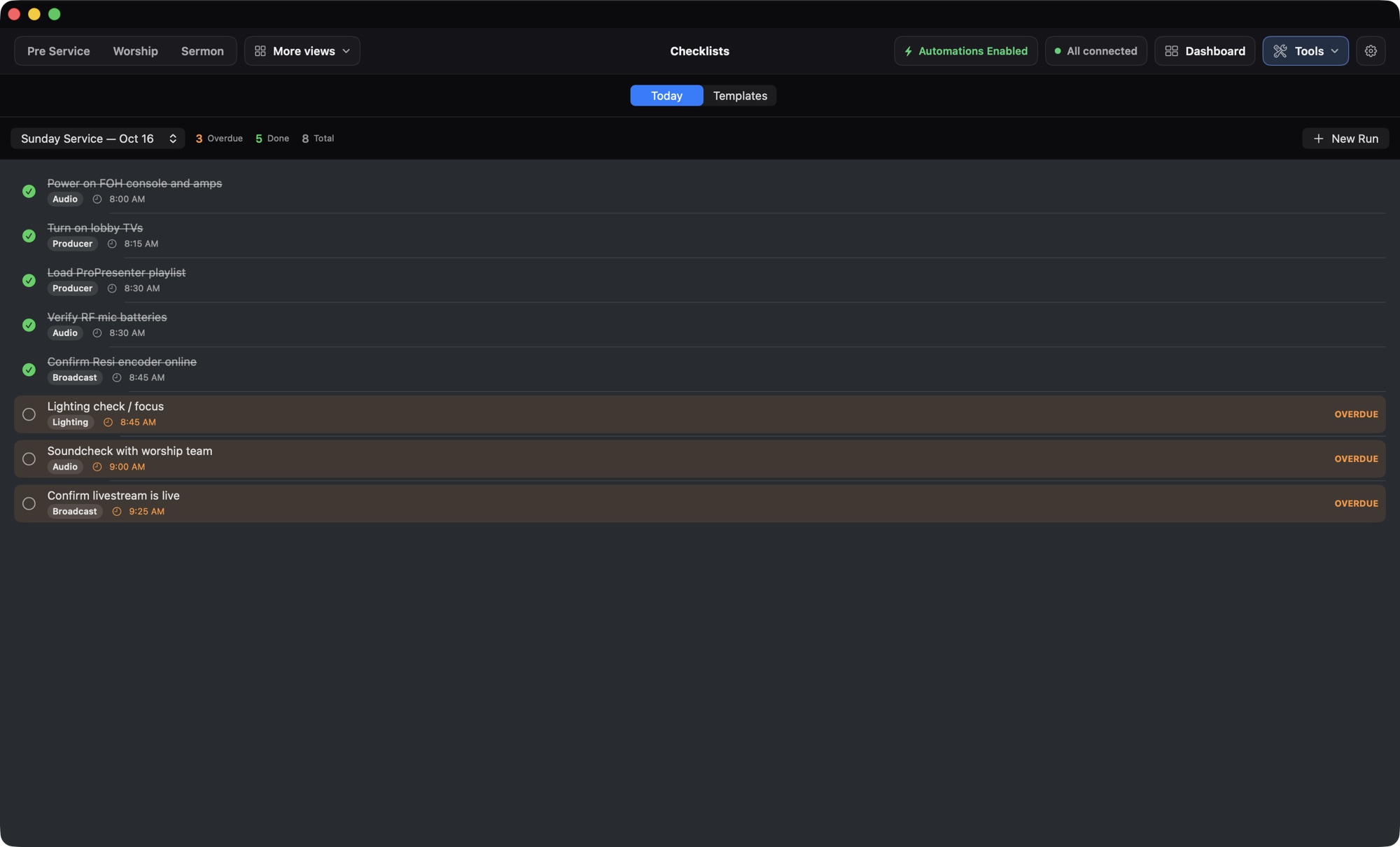 Checklists tool with a template and its items.
