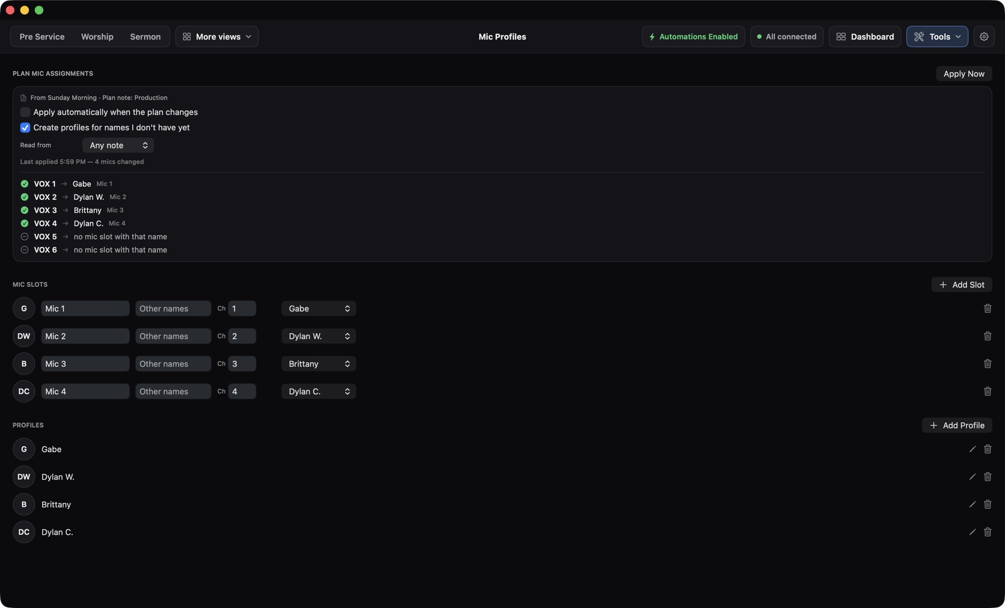 Mic Profiles tool with plan mic assignments and mic slots.